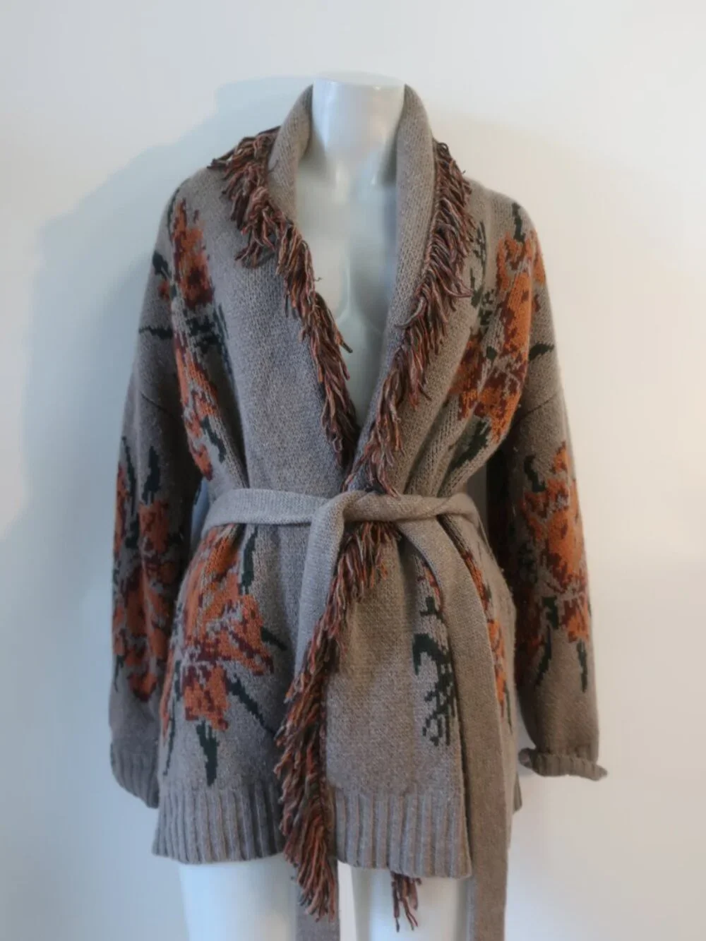 Womens Autumn Cashmere Brown, Orange, Grn Fringe Trim Belted Cardigan Sweater S - Picture 3 of 8